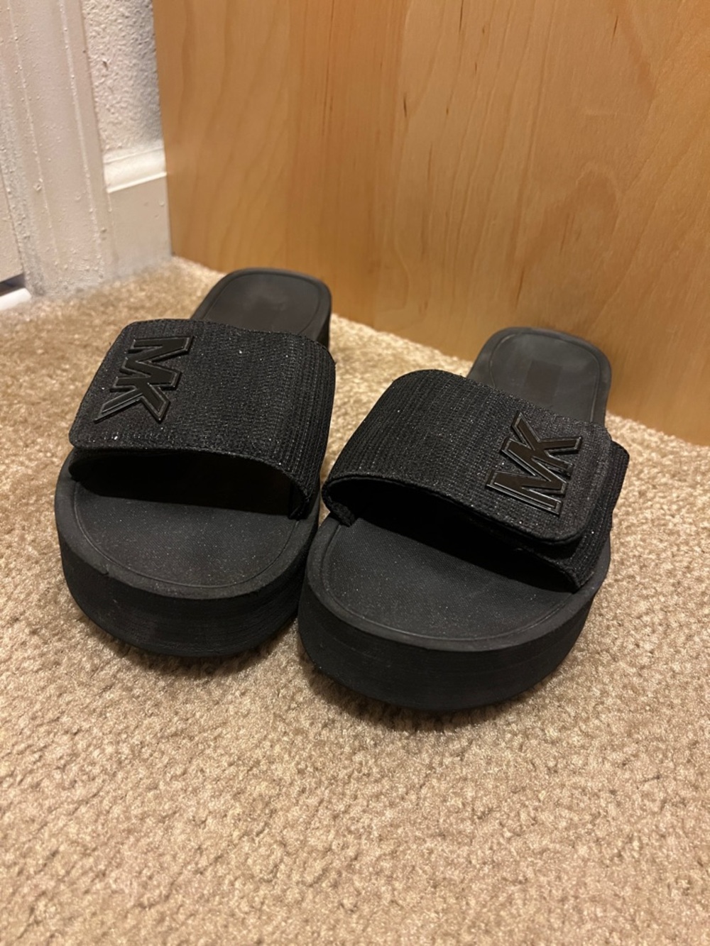 Michael Kors Black Platform Slide Sandals with MK Logo